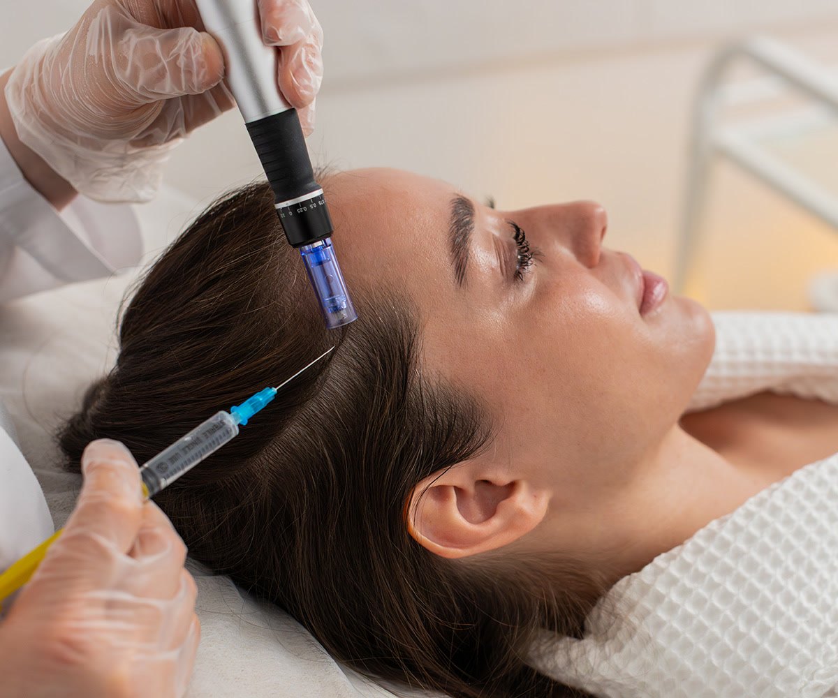 Woman receiving a scalp microneedling session with a pen device