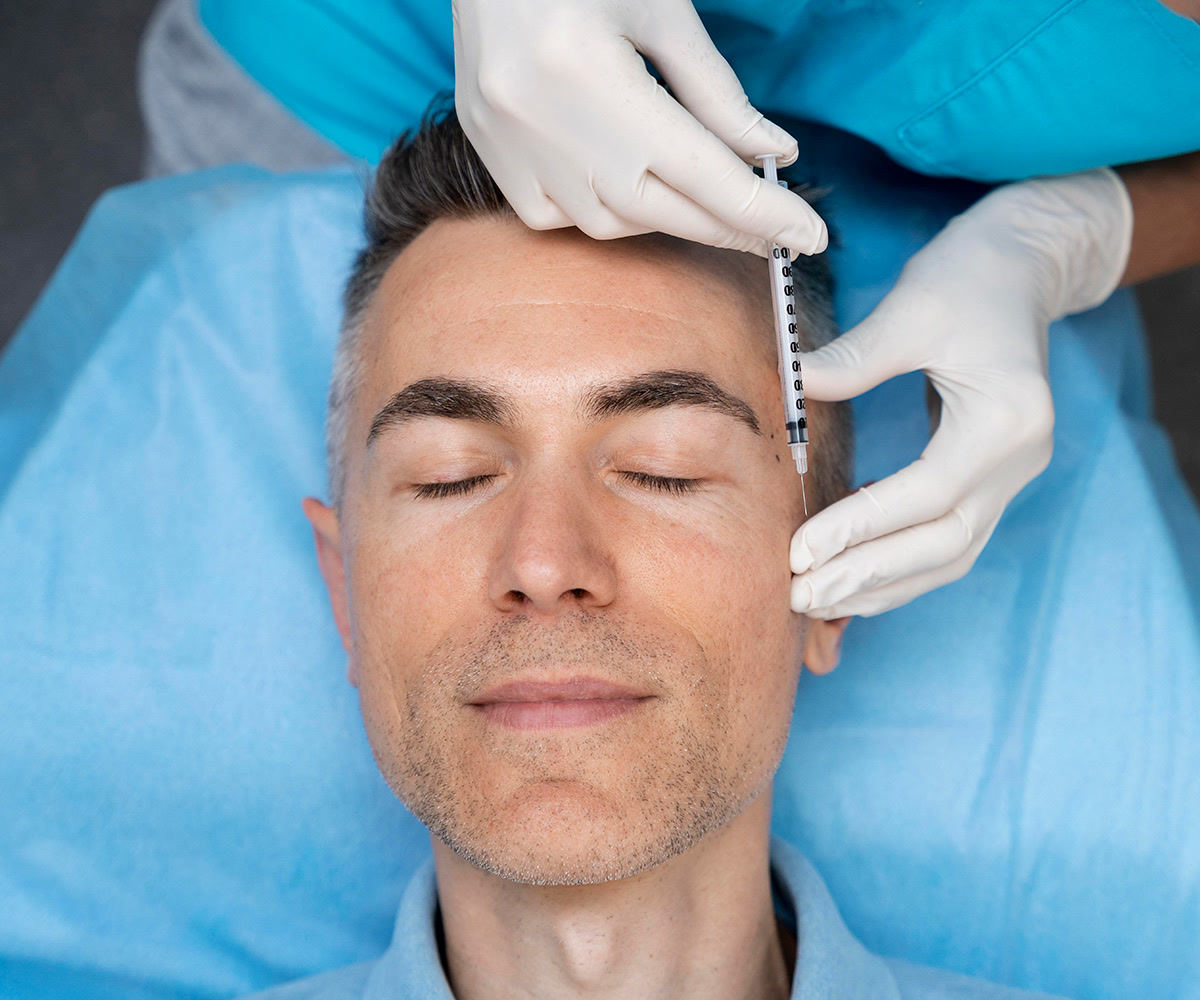 Practitioner giving a facial injection to a male patient's forehead